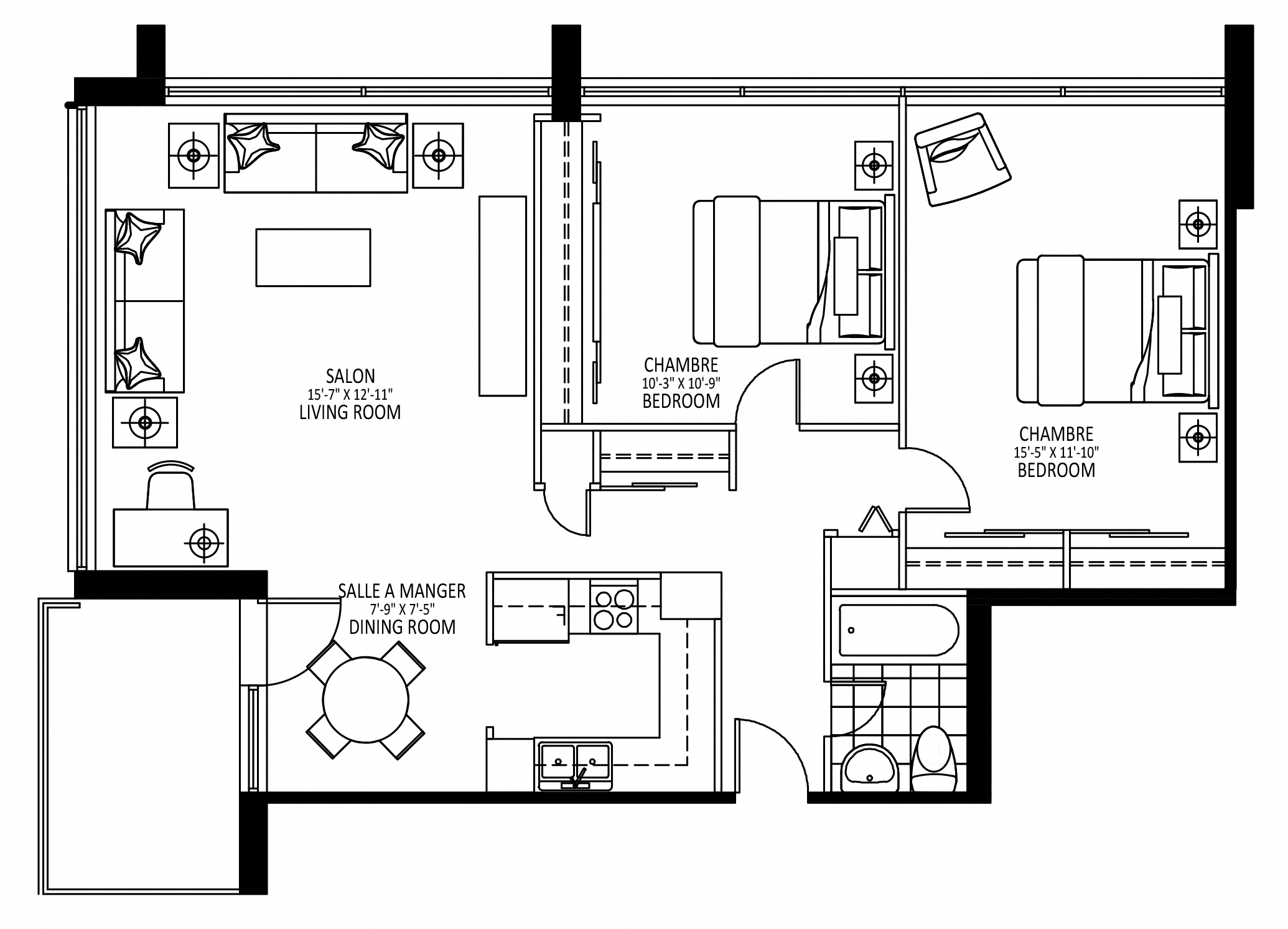 Floor plan for 2 beds, 1 bath, 915 sqft
